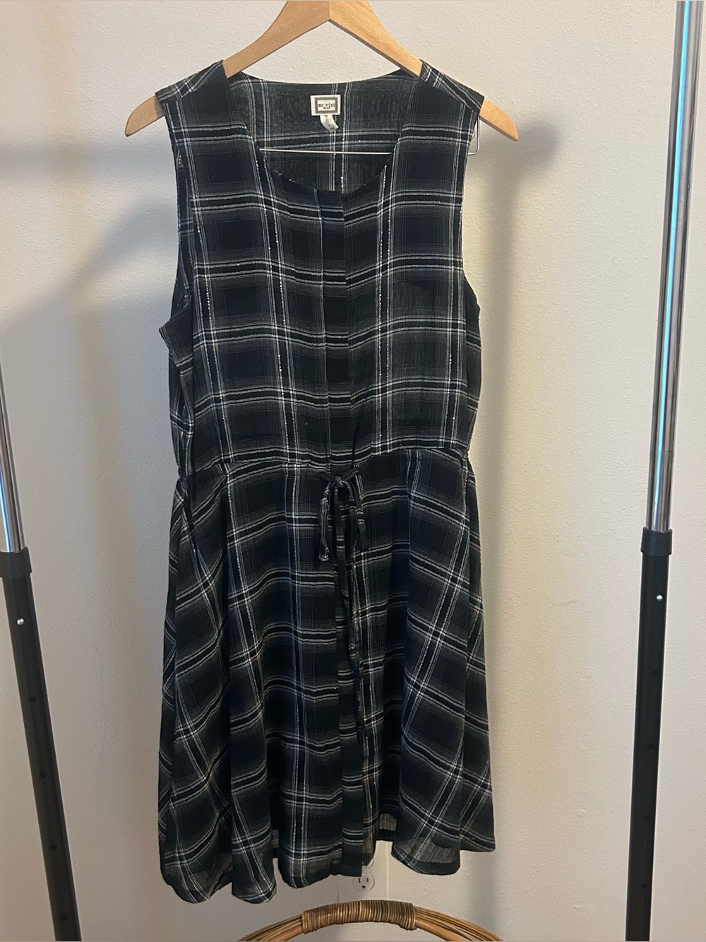 Mo:vint Women’s Medium Sleeveless Black Plaid Drawstring Waist Dress